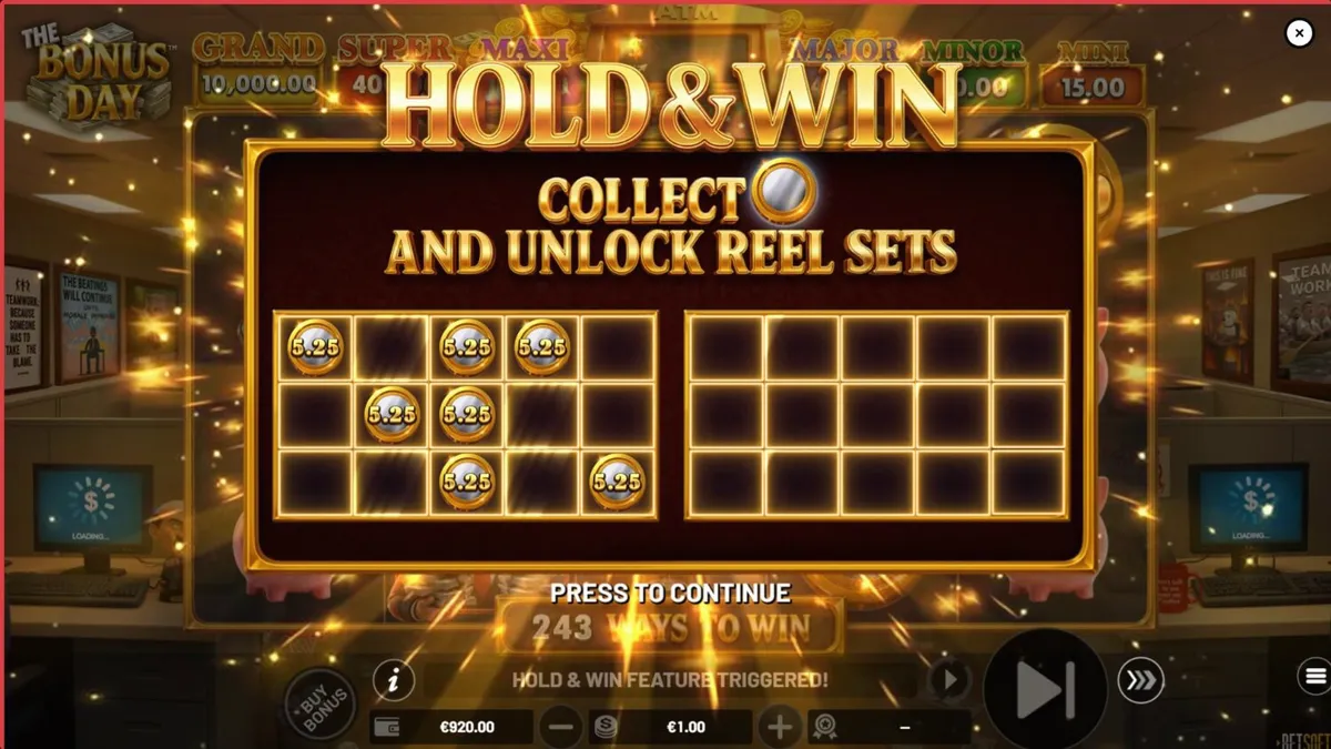 Tampilan visual slot The Bonus Day dengan elemen kantor dan simbol bonus